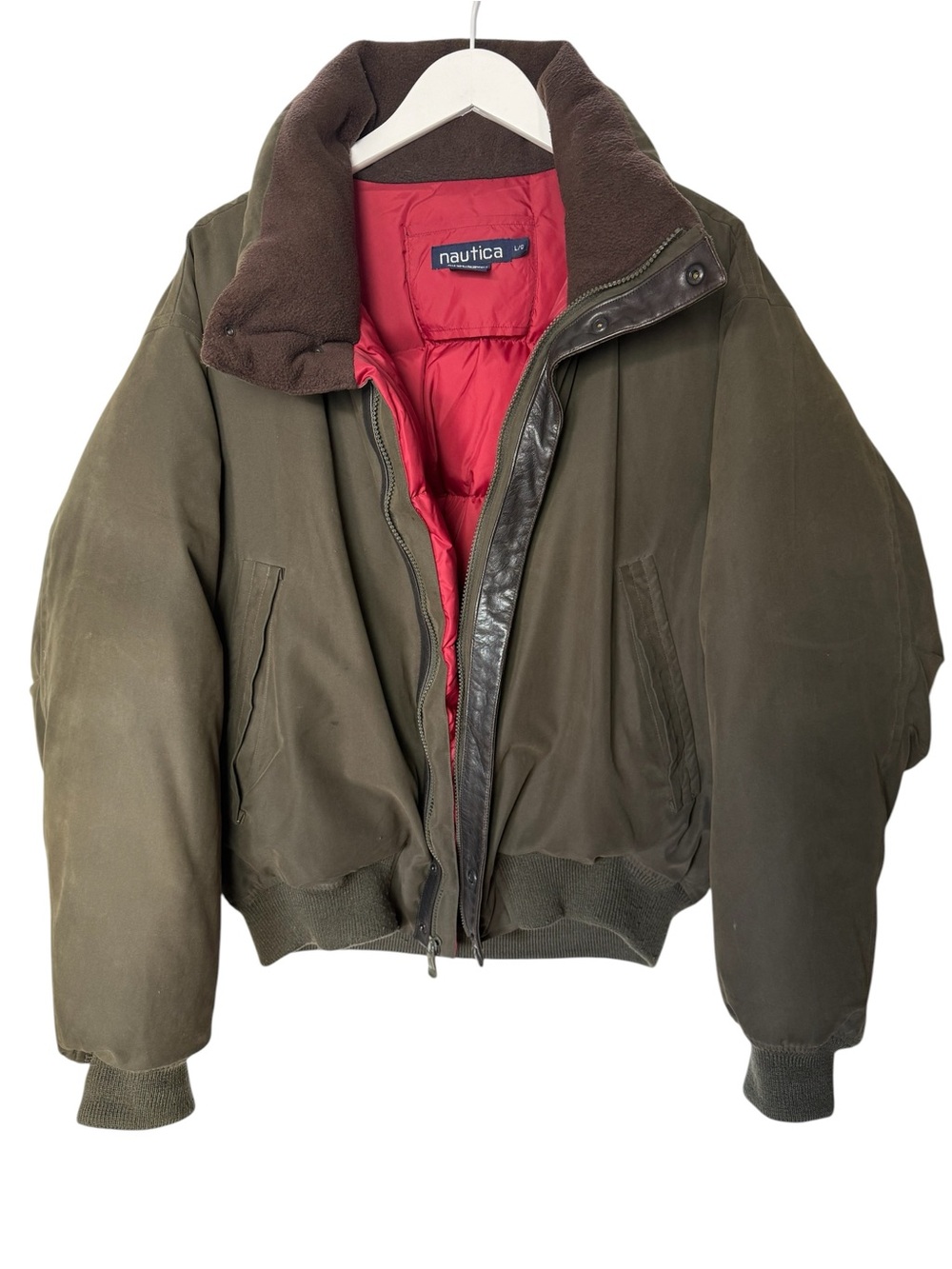 Nautica Olive Green Bomber Jacket with Red  Quilted Lining Large
